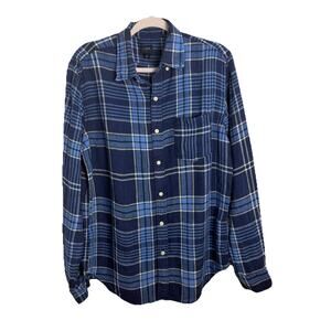 J.Crew Men's Medium 100% Linen Blue Navy Plaid Long Sleeve Button Down